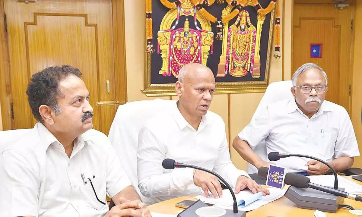 TTD Executive Officer A V Dharma Reddy speaking after signing the agreement with Markfed and RySS for supply of organic food products to TTD, in Tirupati on Saturday. RySS Vice-chairman Vijay Kumar and AP Agricultural Marketing Department Principal Secretary Madhusudan Reddy are also seen.