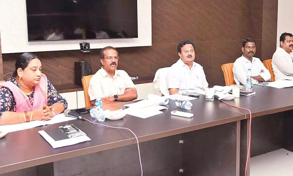 District Collector K Venkata Ramana Reddy addressing the DIEPC meeting in Tirupati on Saturday. APIIC ZMs Suhana Soni, Chandrasekhar and other officials are with him.