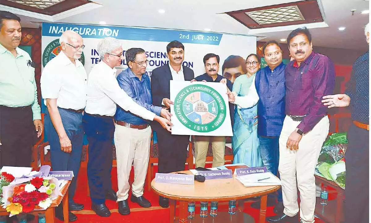 DRDO chairman Dr G Satheesh Reddy releasing the logo of ISTF in Tirupati on Saturday. Vice chancellors of SVU and SPMVV, directors of IIT and IISER and others are seen.