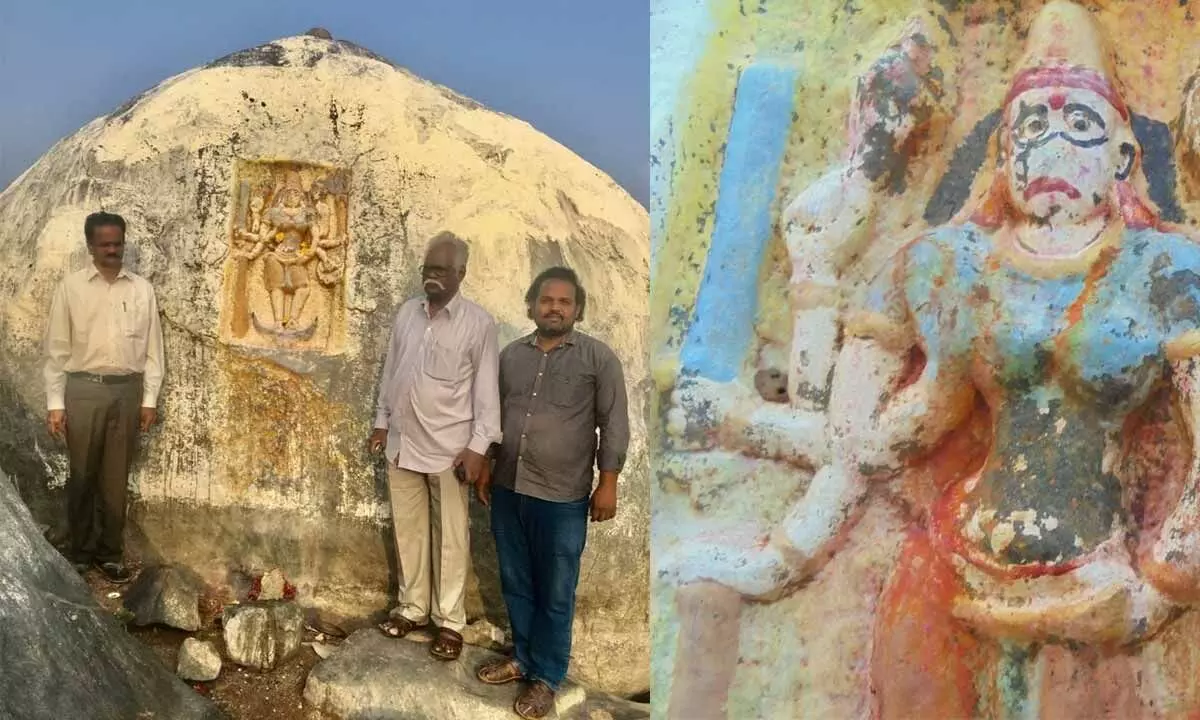 Dr Emani Sivanagireddy and others at the sculpture of Mahishasuramardhini at Peda Alavulapadu in PC Palle mandal on Sunday
