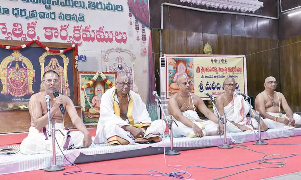 Sri Vaikhanasa Trust secretary Prabhakaracharya speaking at Marich Maharishi Jayanthi in Tirumala on Monday