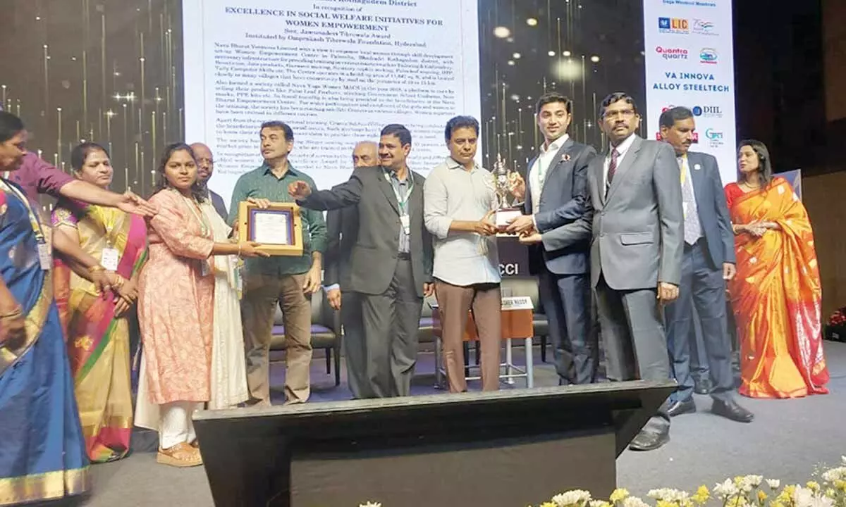 Nava Bharat Ventures Limited senior vice-president Nikhil Devineni receiving FTCCI Excellence Award from Minister for Industries K T Rama Rao in Hyderabad on Monday.