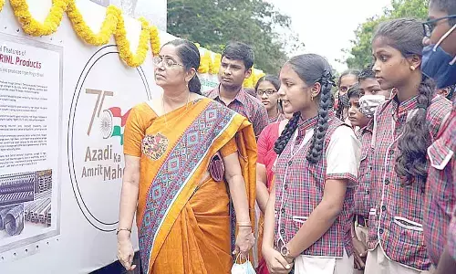 Schoolchildren looking at the tableau at RINL in Visakhapatnam on Monday