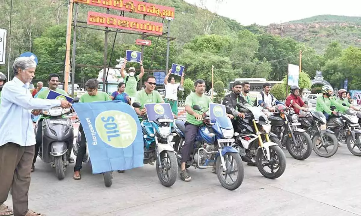 WORD secretary Dr K Gangadharam flags off a bike rally as part of ‘Ride for soil’ campaign in Tirupati on Tuesday