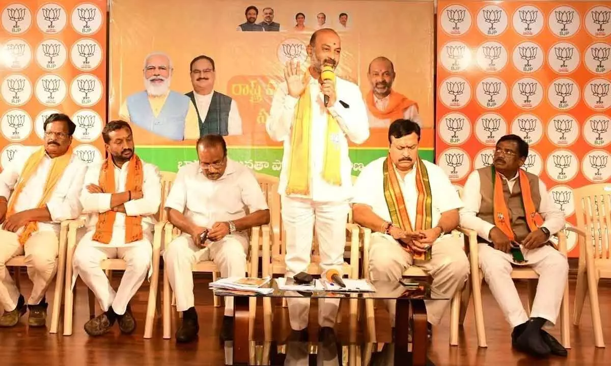 BJP state president Bandi Sanjay addressing a brainstorming session of the party in Hyderabad on Tuesday