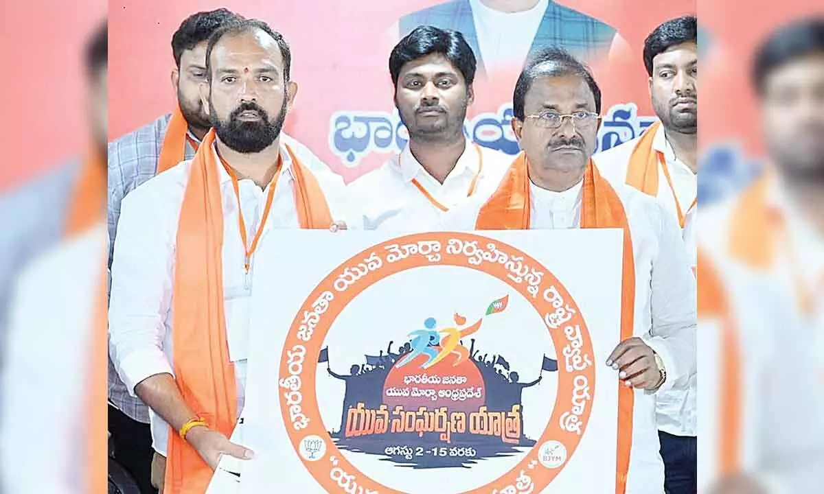 BJP state president  Somu Veerraju and party leaders  releasing a poster  on Yuva Morcha yatra at party office in Vijayawada on Tuesday