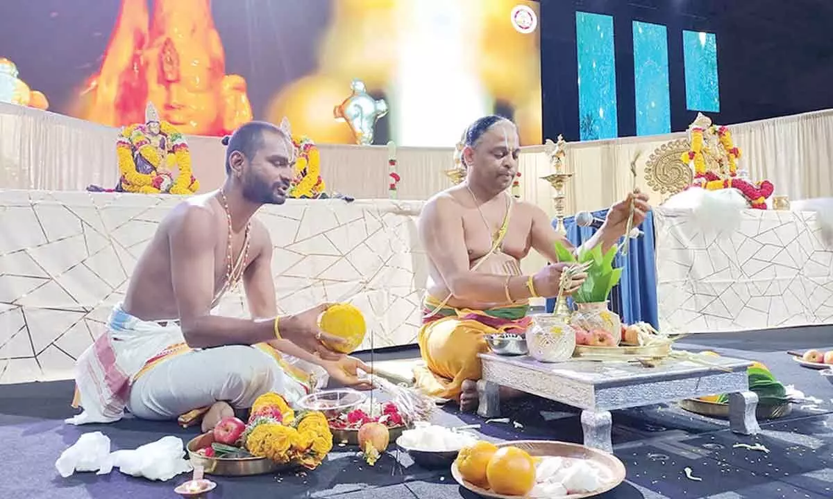 Priests performing Srinivasa Kalyanam which was organised by TTD in Washington DC, US, in the early hours of Tuesday
