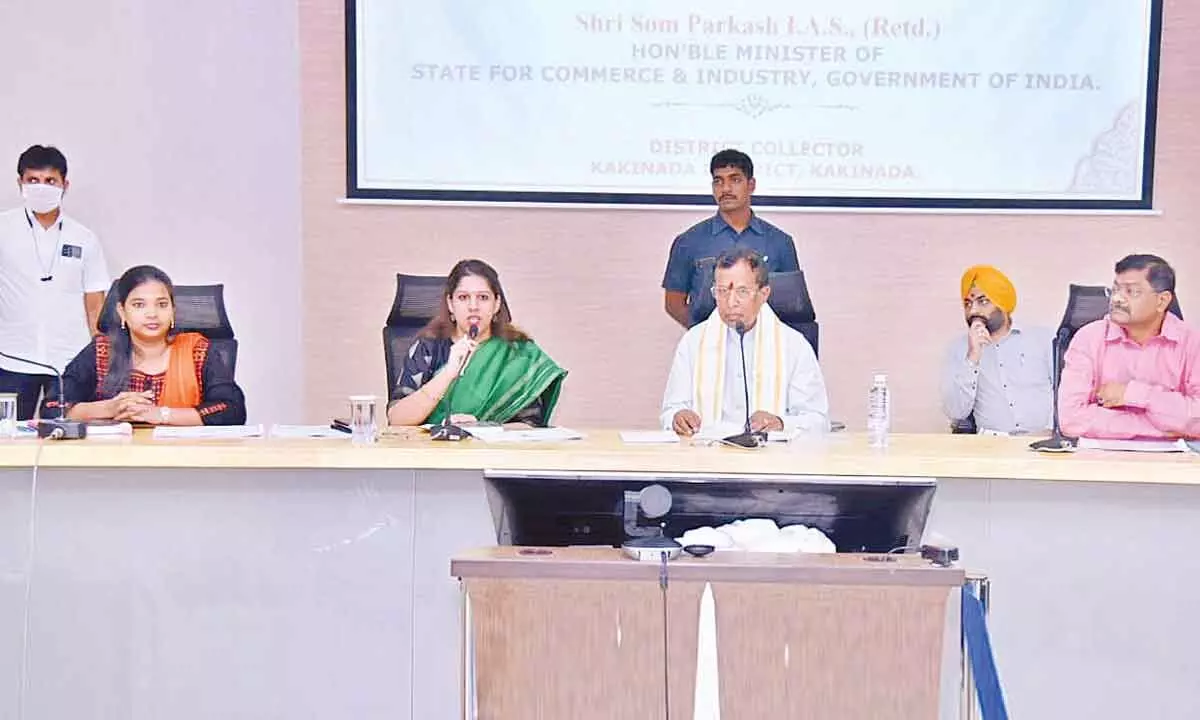 Union Minister Som Prakash speaking at a review meeting in Kakinada on Tuesday
