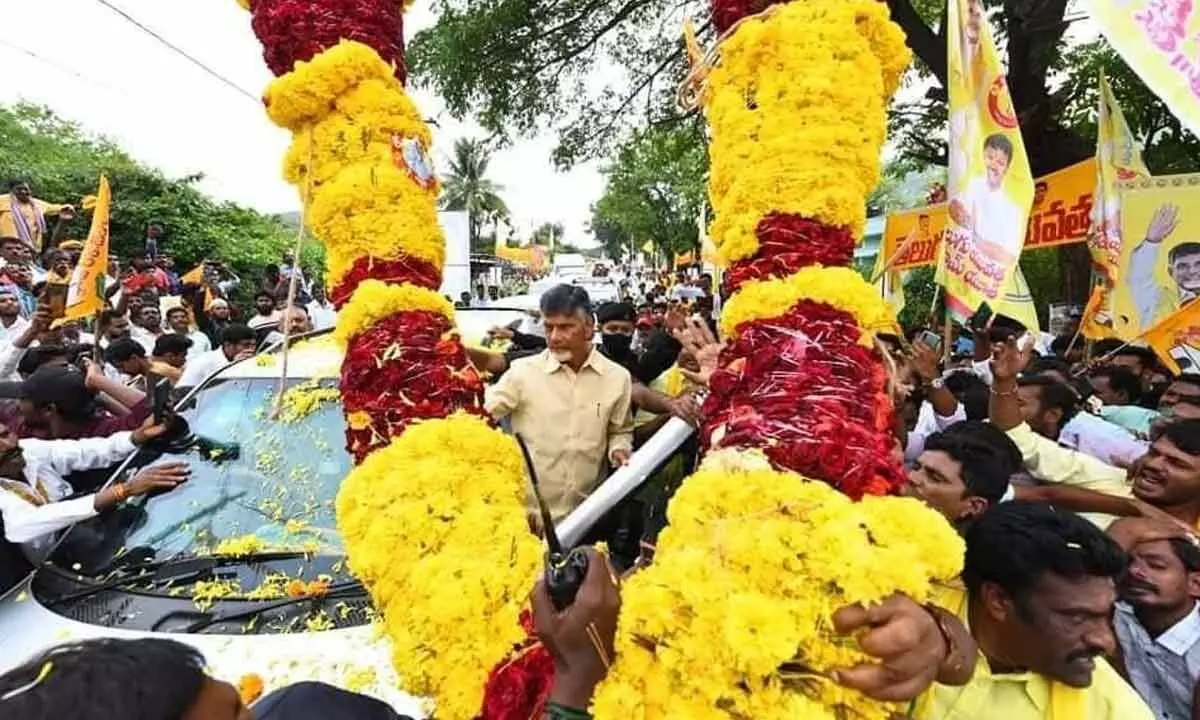 TDP activists according a grand welcome to party’s national president N Chandrababu Naidu on his arrival at Madanapalle in Annamayya district on Wednesday