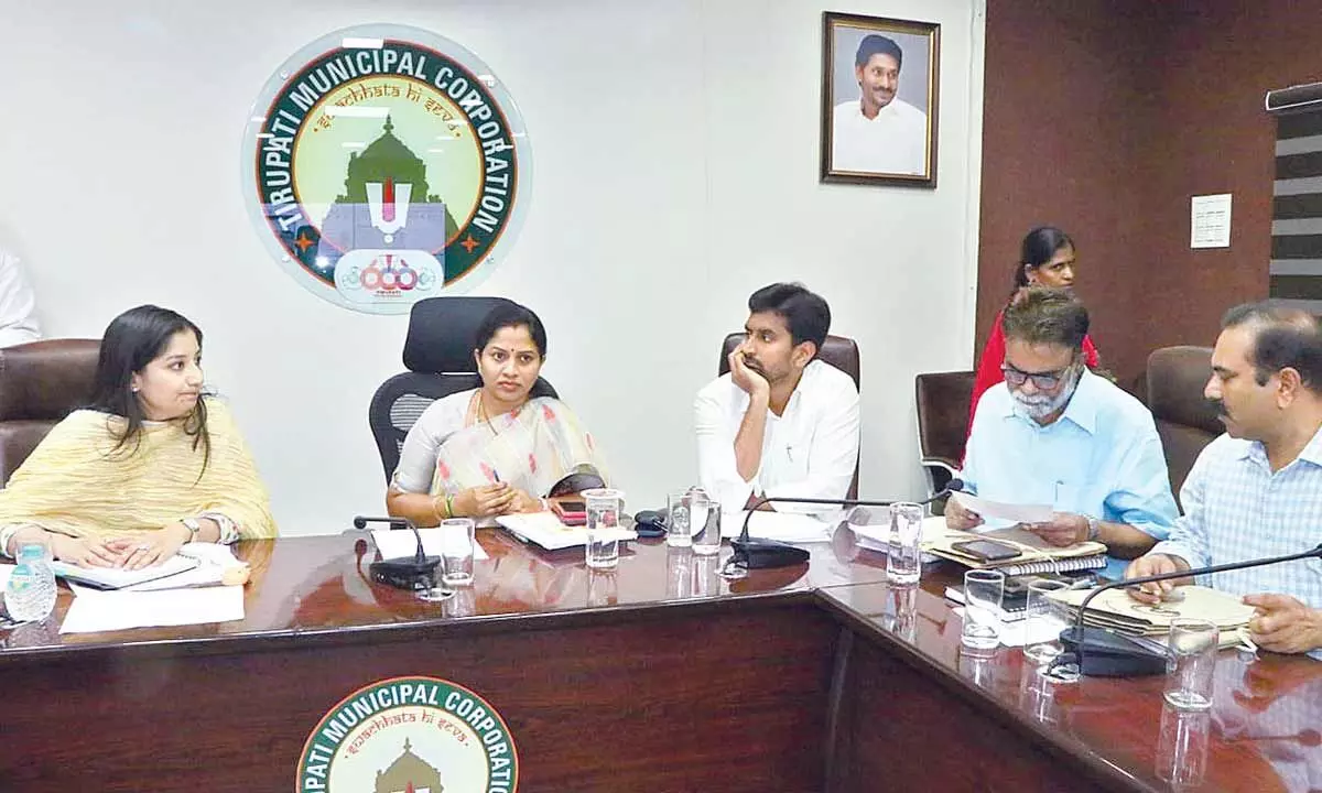 Mayor Dr R Sirisha, Municipal Commissioner Anupama Anjali and Deputy Mayor Abhinay Reddy in a special meeting at Municipal Office in Tirupati on Wednesday.