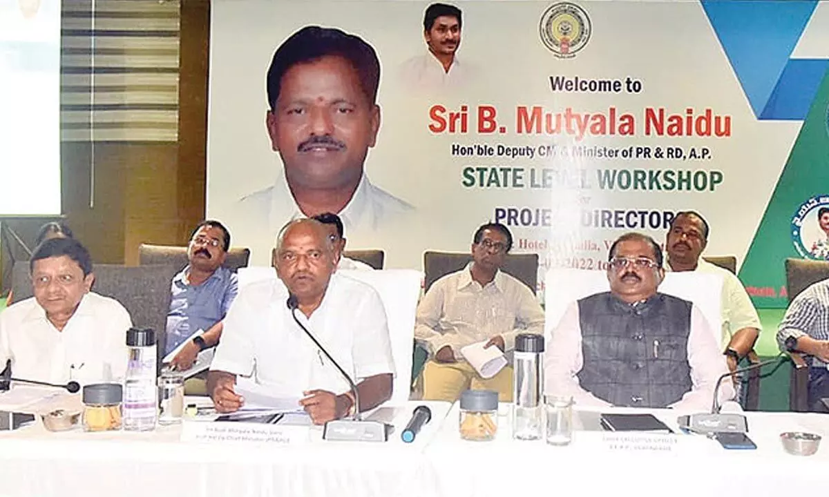 Deputy Chief Minister B Mutyala Naidu speaking at a meeting in Visakhapatnam on Wednesday