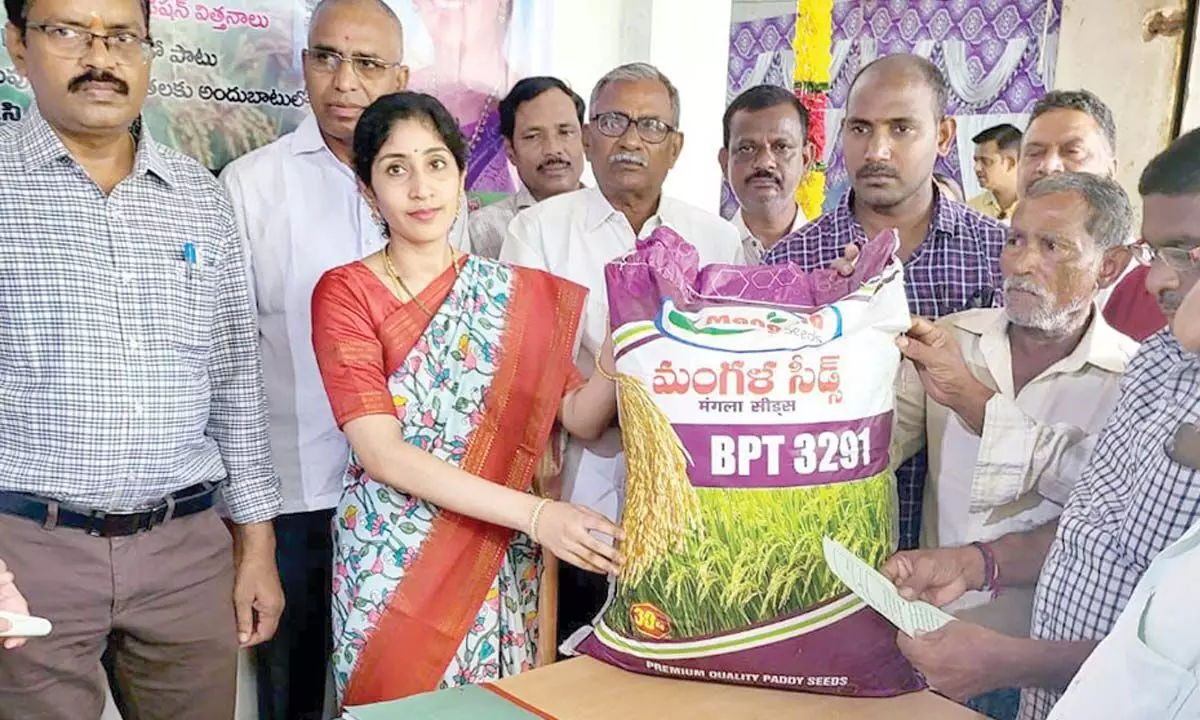A Bhavana, chairperson DCMS and others launching counters of fertilisers and seeds in Vizianagaram on Wednesday
