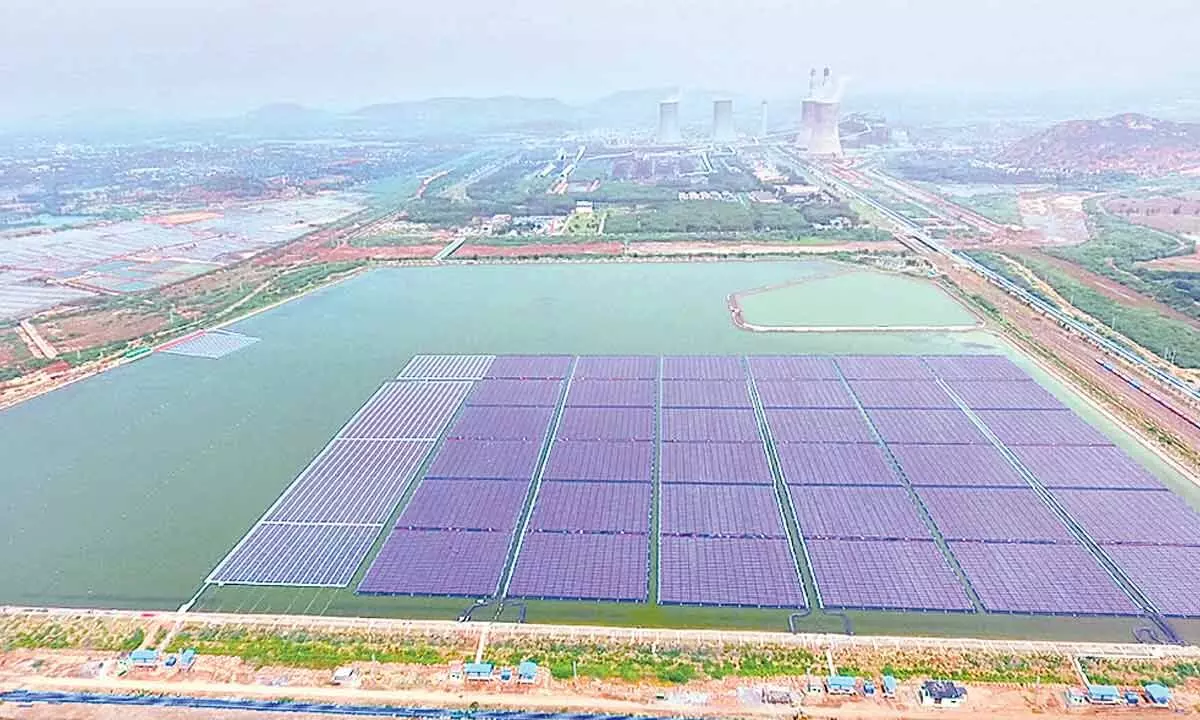 A view of the floating solar power plant at NTPC Simhadri, Parawada in Anakapalli