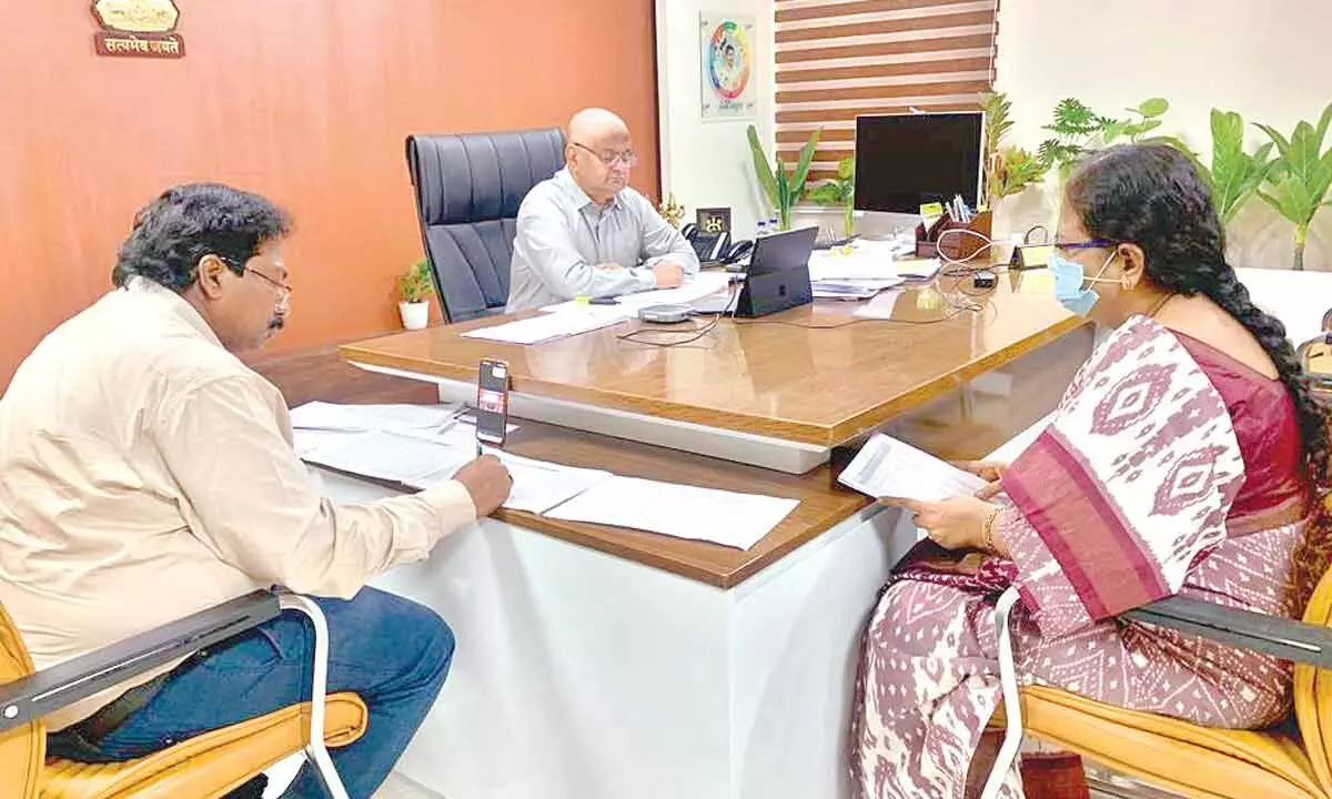 District Collector K Venkata Ramana Reddy holds review with DM&HO Dr U Sreehari and DIO Dr Santha Kumari in Tirupati on Thursday.