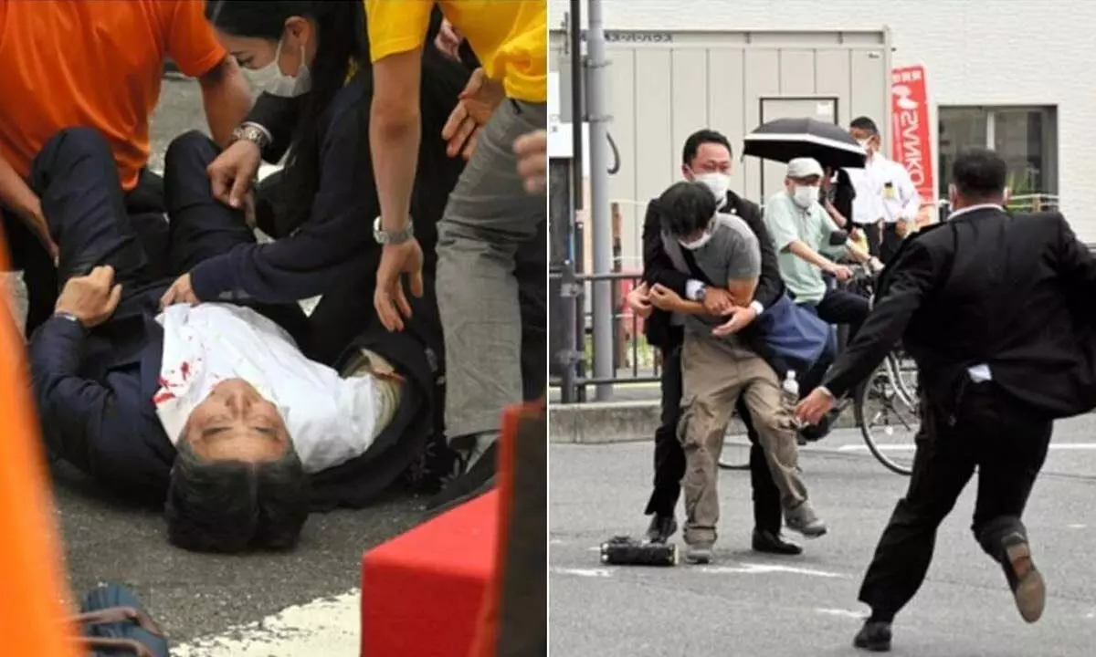 Shinzo Abe, former Japan Prime Minister, was shot at in Nara city on July 8, 2022. A suspect was apprehended at the scene. (Photo via Twitter/@bulletinletters)