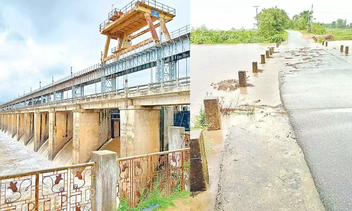 At Taliperu reservoir, 20 gates were opened at Cherla in Kothagudem district.; Buggavagu overflowing on the road at  RVBanjara village under Raghunadhapalem mandal in Khammam district on Friday.