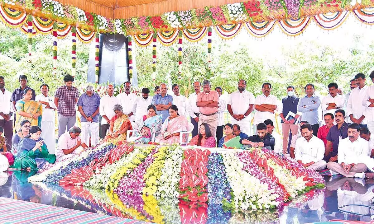Chief Minister Y S Jagan Mohan Reddy, his sisetr Sharmila and other family members participate in special prayers on the occasion of late Chief Minister Y S Rajasekhara  Reddys birth anniversary at Idupulapaya on Friday