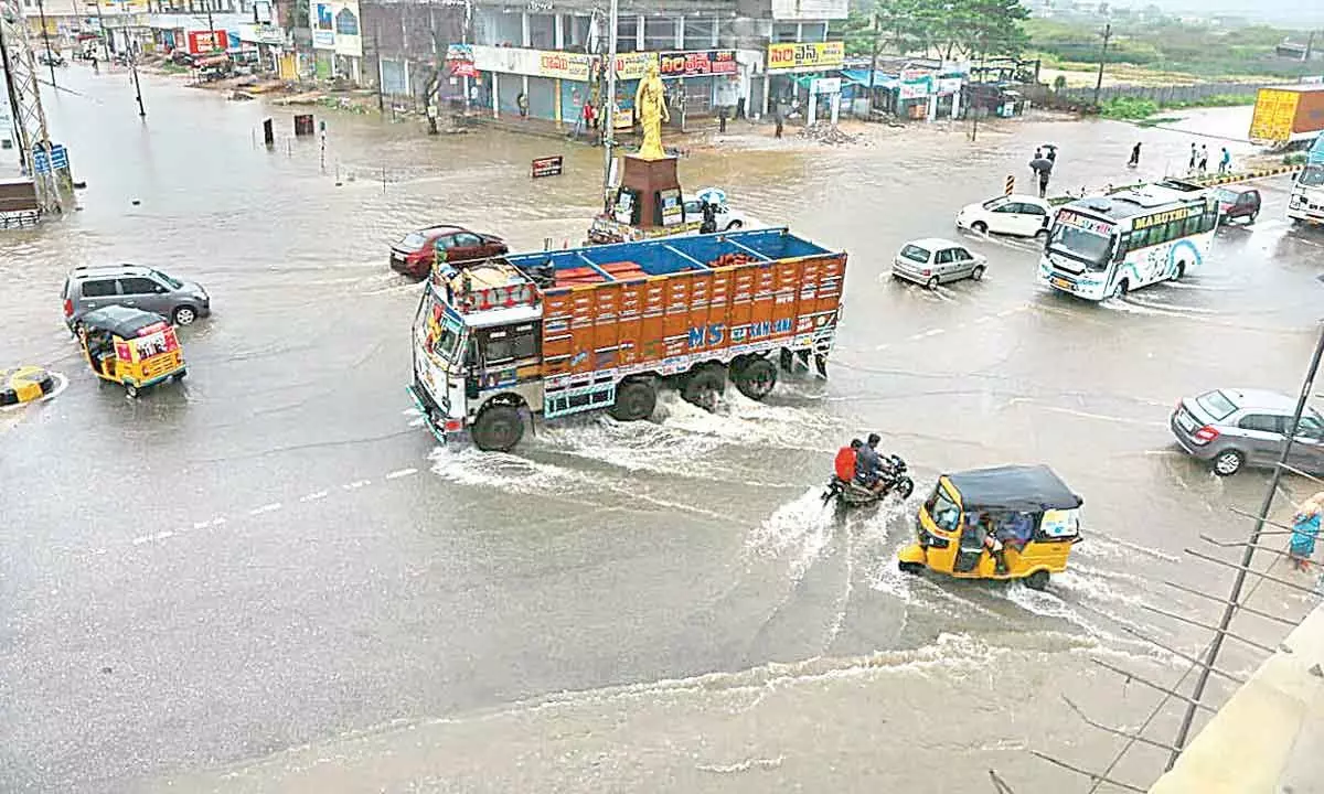 Waterlogged Panagal Bypass in Nalgonda town on Friday. Photo: Mucharla Srinivas