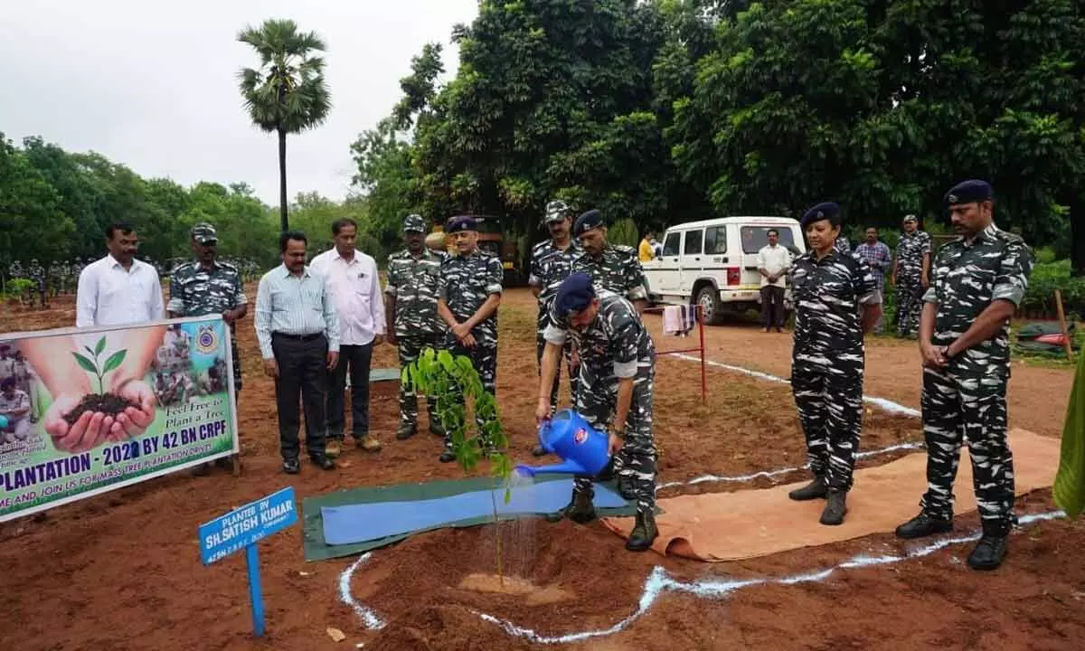 CRPF 42 Battalion personnel plant saplings during the Vana Mahotsava held on the premises of the Regional Forest Research Centre, Forest Academy, Rajamahendravaram on Saturday