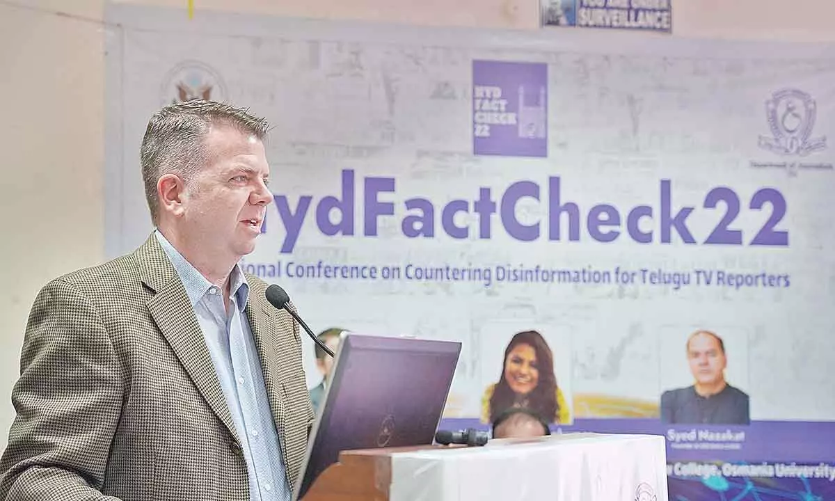 Public Affairs Officer at the US Consulate General David Moyer speaking at  a national conference on Countering Disinformation in Hyderabad on Saturday