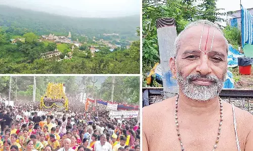 A view of Simhachalam Devasthanam in Visakhapatnam; A file photo of the devotees at Tolipavancha during Giri Pradakshina in Visakhapatnam; TP Raja Gopal, Sthanacharyulu of Simhachalam Devasthanam