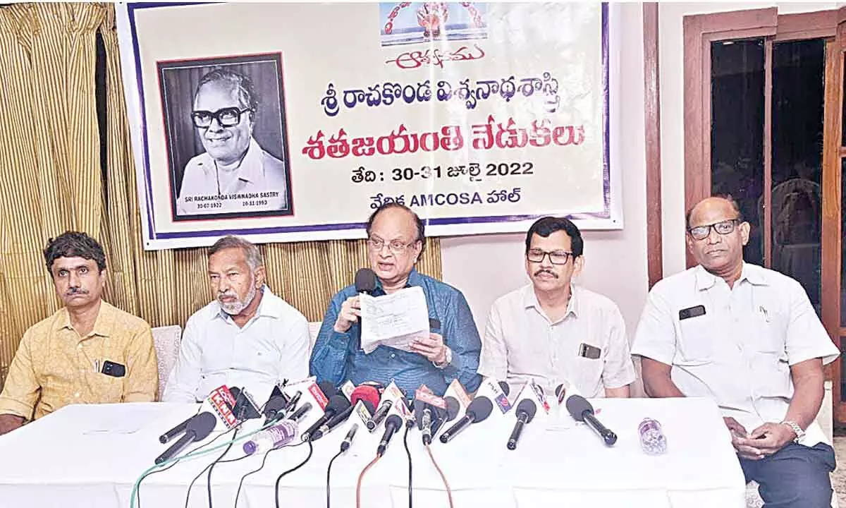 Visakha Rasagna Vedika president G Raghu Rama Rao addressing the media in Visakhapatnam on Sunday