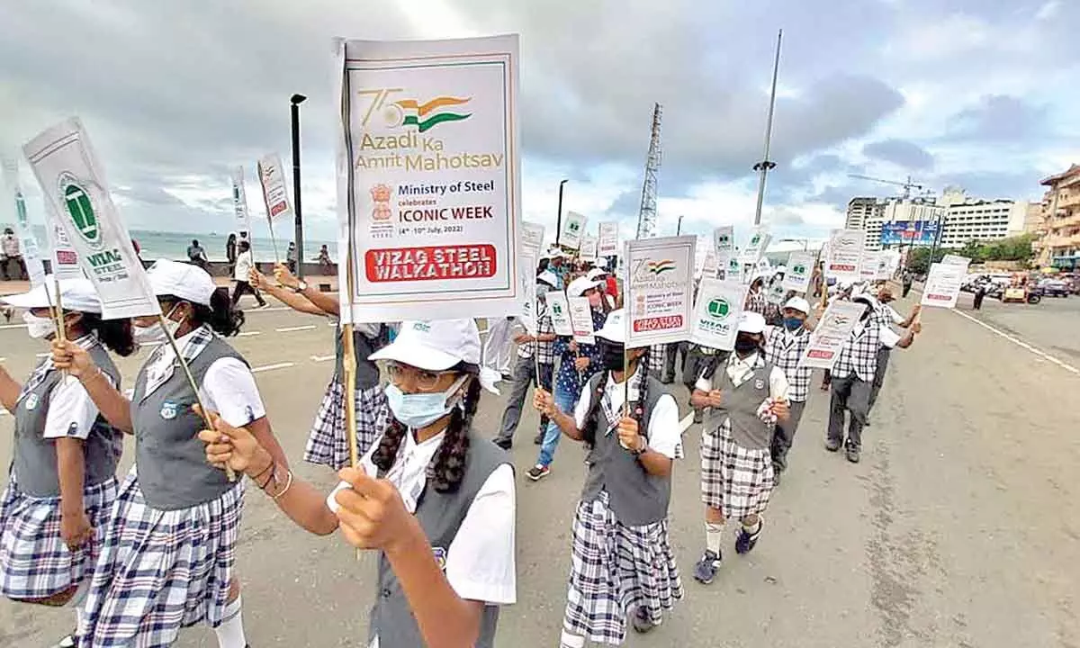 Students taking part in the walkathon organised by RINL as a part of the ‘Iconic Week’ celebrations at Beach Road in Visakhapatnam on Sunday