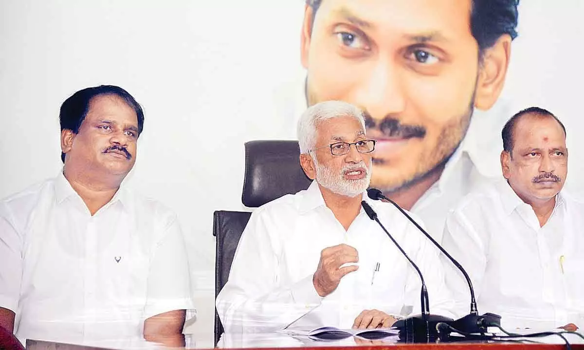 YSRCP national general secretary  Vijayasai Reddy, MLC Lella Appi Reddy and party leaders  addressing a press conference at YSRCP central office in Tadepalli on Sunday