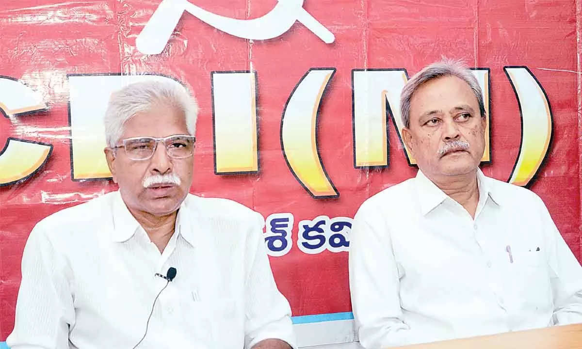 CPM State secretary V Srinivasa Rao addressing a press conference in Vijayawada on Sunday. Party Central committee member M A Gafoor is also seen.