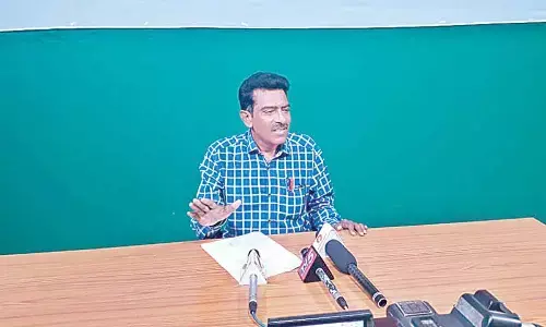 CPI Greater Visakhapatnam Municipal Corporation (GVMC) floor leader B Ganga Rao speaking at a press conference in Visakhapatnam on Sunday