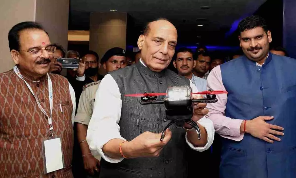 Defence Minister Rajnath Singh after inaugurating the first-ever Artificial Intelligence in Defence (AIDef) symposium and exhibition of AI-enabled solutions in New Delhi on Monday