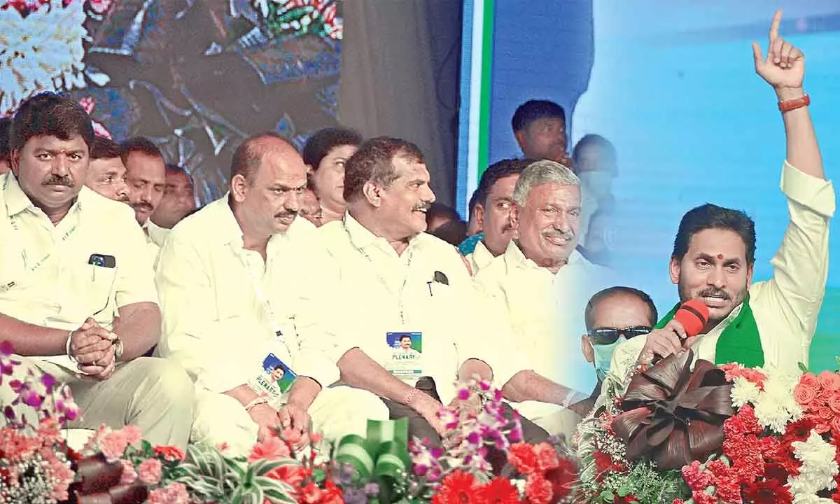 Senior ministers and party leaders listen to party chief and Chief Minister Y S Jagan Mohan Reddy speech at plenary on July 8