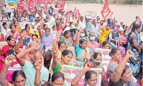 Thousands of people staging a dharna at the Collectorate in Vijayawada on Monday.	Photo: Ch Venkata Mastan