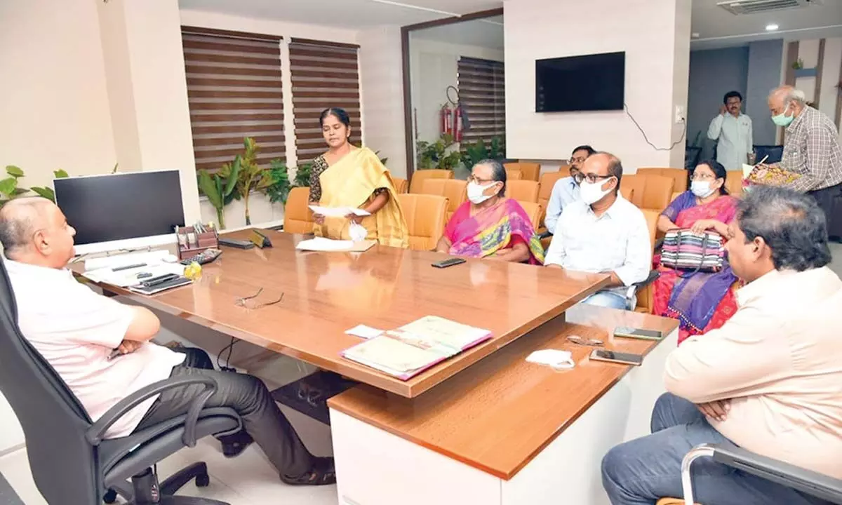 Collector K Venkata Ramana Reddy addressing the District Health and Family Welfare Society Committee meeting in Tirupati on Tuesday