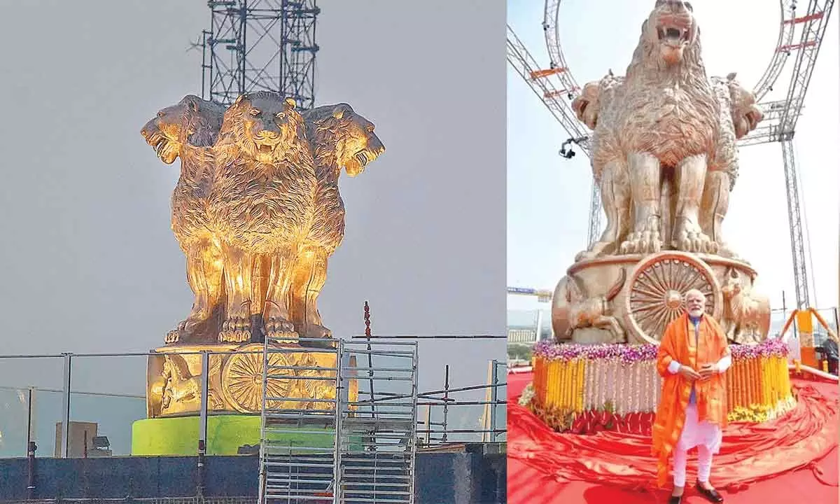 Newly unveiled National Emblem cast made of bronze on the roof of new Parliament House building, in New Delhi on Tuesday