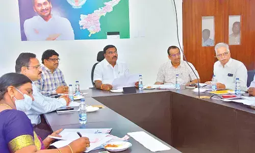 Social Welfare Minister Meruga Nagarjuna addressing a review meeting on Ambedkar Memorial at Secretariat in Velagapudi on Tuesday