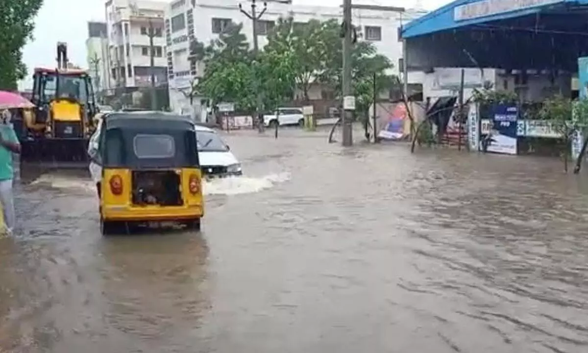 Low-lying areas and roads inundated with rainwater in many places in erstwhile Karimnagar district on Wednesday