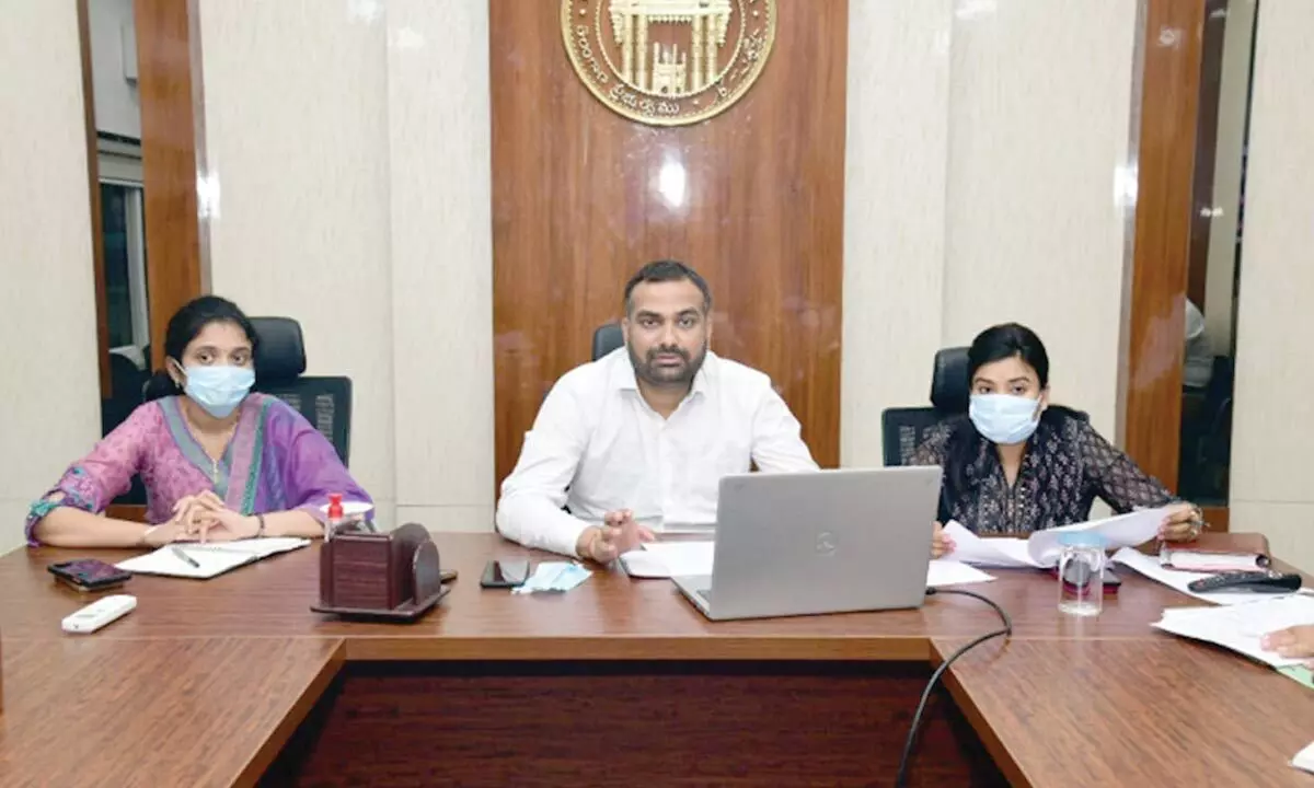 Collector RV Karnan holding a video conference with officials in Karimnagar on Wednesday