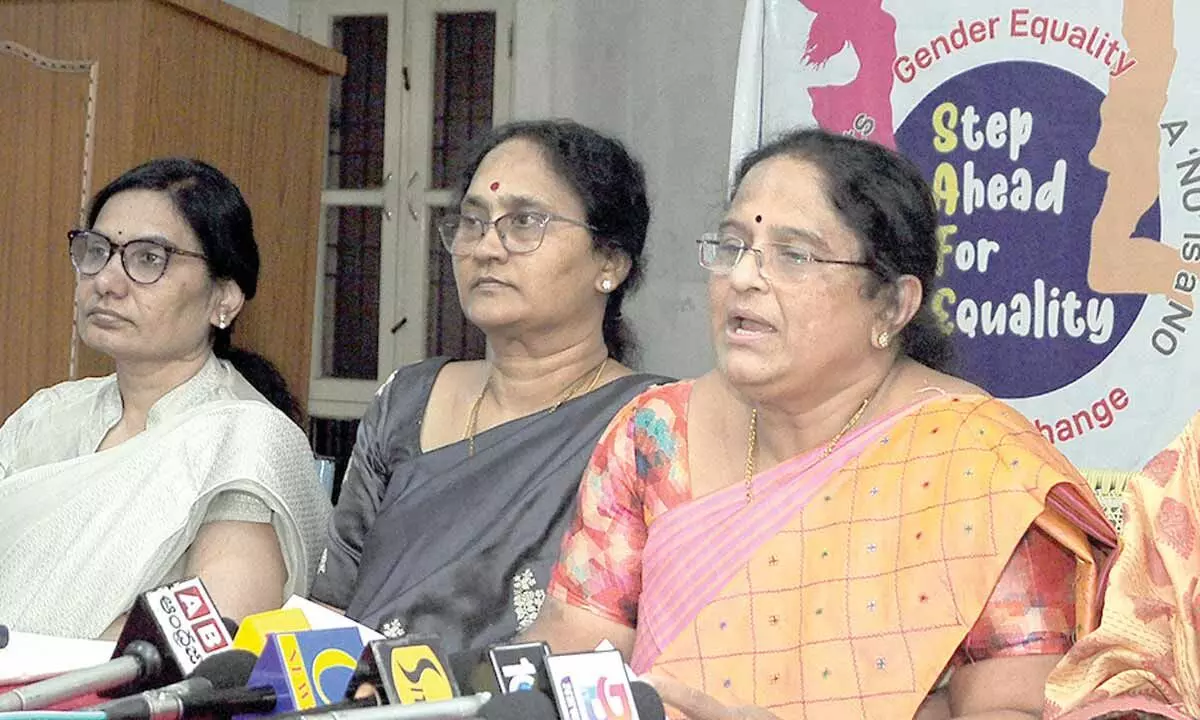 SAFE president G Jyotsna, secretary G Vani and members speaking at a press meet at MBVK Bhavan in Vijayawada on Wednesday  Photo: Ch Venkata Mastan