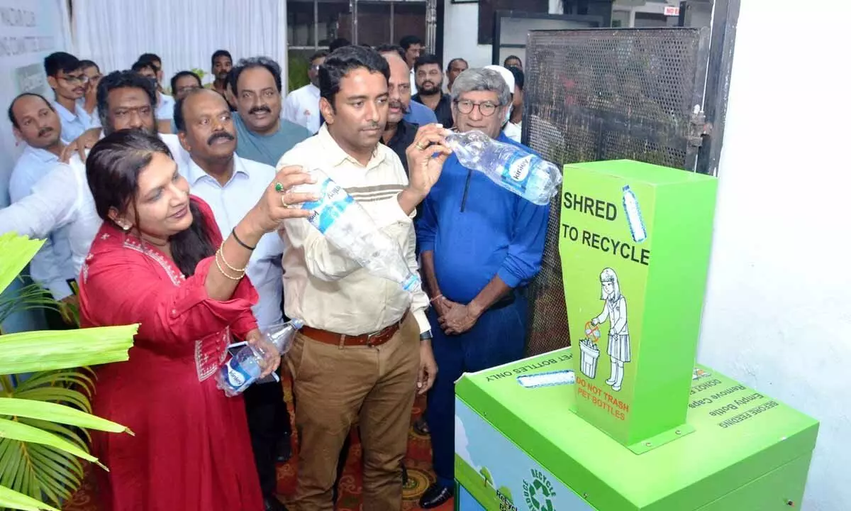 GVMC Commissioner G Lakshmisha launch a shred to recycle machine at Waltair Club in Visakhapatnam on Wednesday