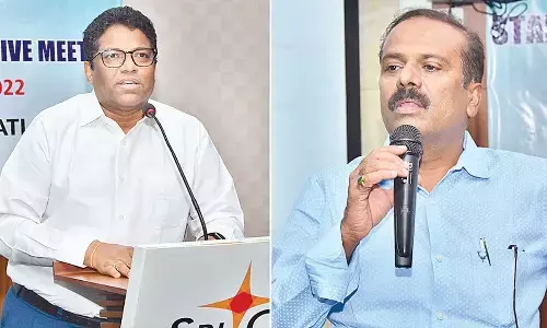Sri City MD Ravindra Sannareddy and DIC GM E Prathap addressing the participants at exports stakeholders meet on Wednesday.