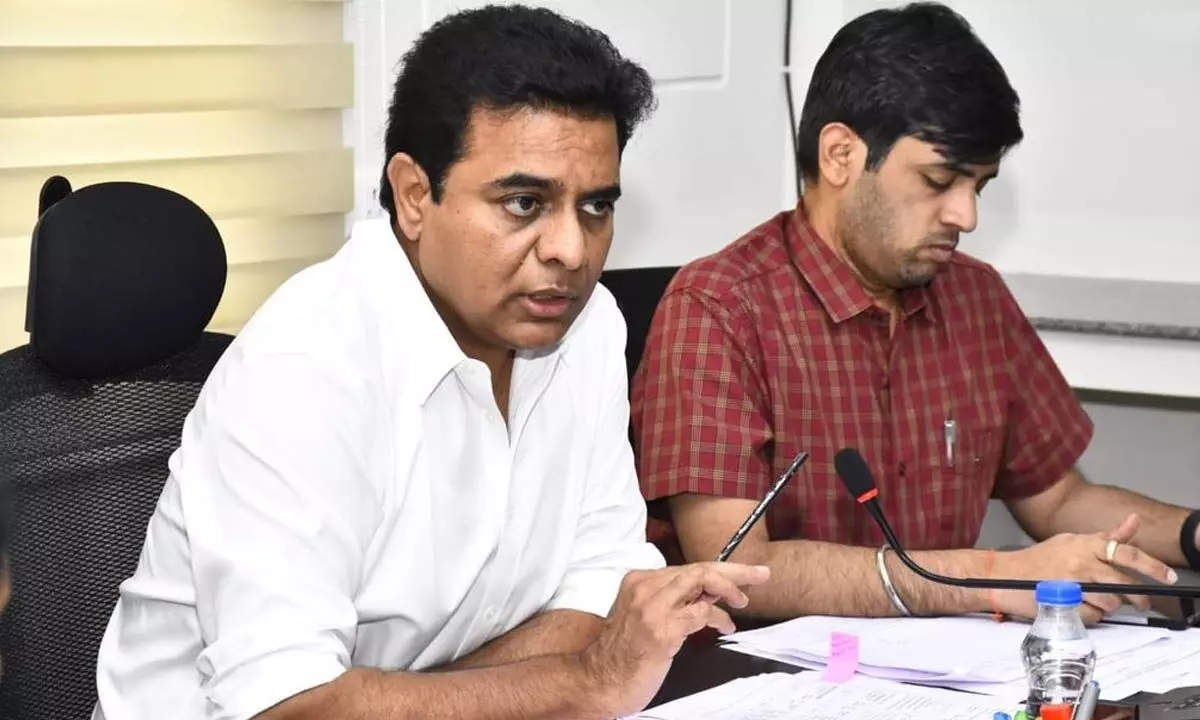 Minister KT Rama Rao holding a review meeting with district officials in Sircilla on Thursday