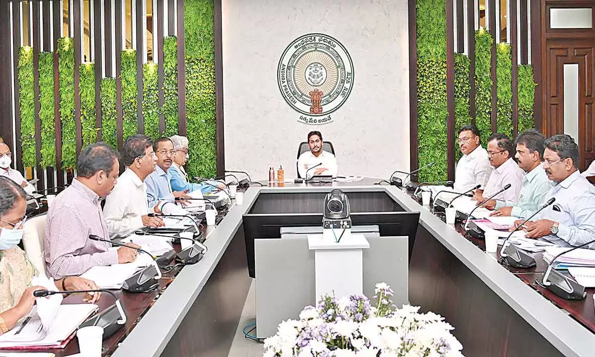 Chief Minister Y S Jagan Mohan Reddy holds a review on the water resources department at his camp office in Tadepalli on Thursday