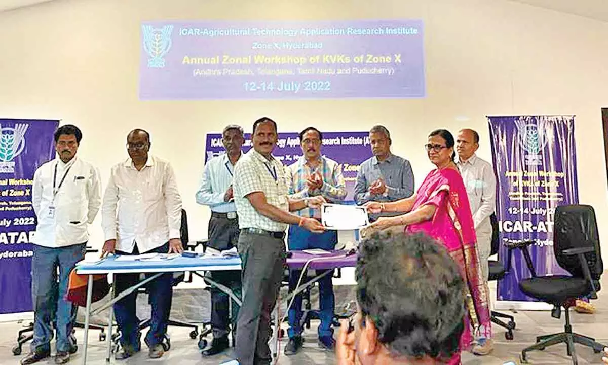 RASS-KVK Head Sreenivasulu receiving ‘Certification of Appreciation from ICAR Director Dr JV Prasad at KVKs Zonal meeting in Hyderabad on Thursday