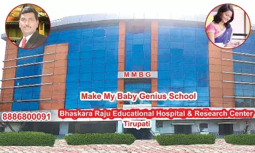 Left: School Correspondent S Bhaskar Raju; Right: Ambidextrous Aswini of MMBG school seen writing with her two hands