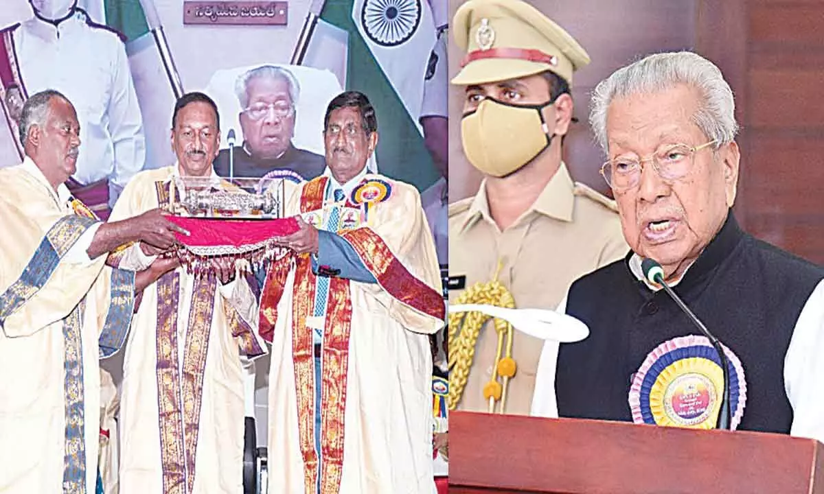 Governor Biswa Bhusan Harichandan addressing the 24th & 25th convocations of Dr NTR University of Health Sciences virtually from Raj Bhavan on Friday