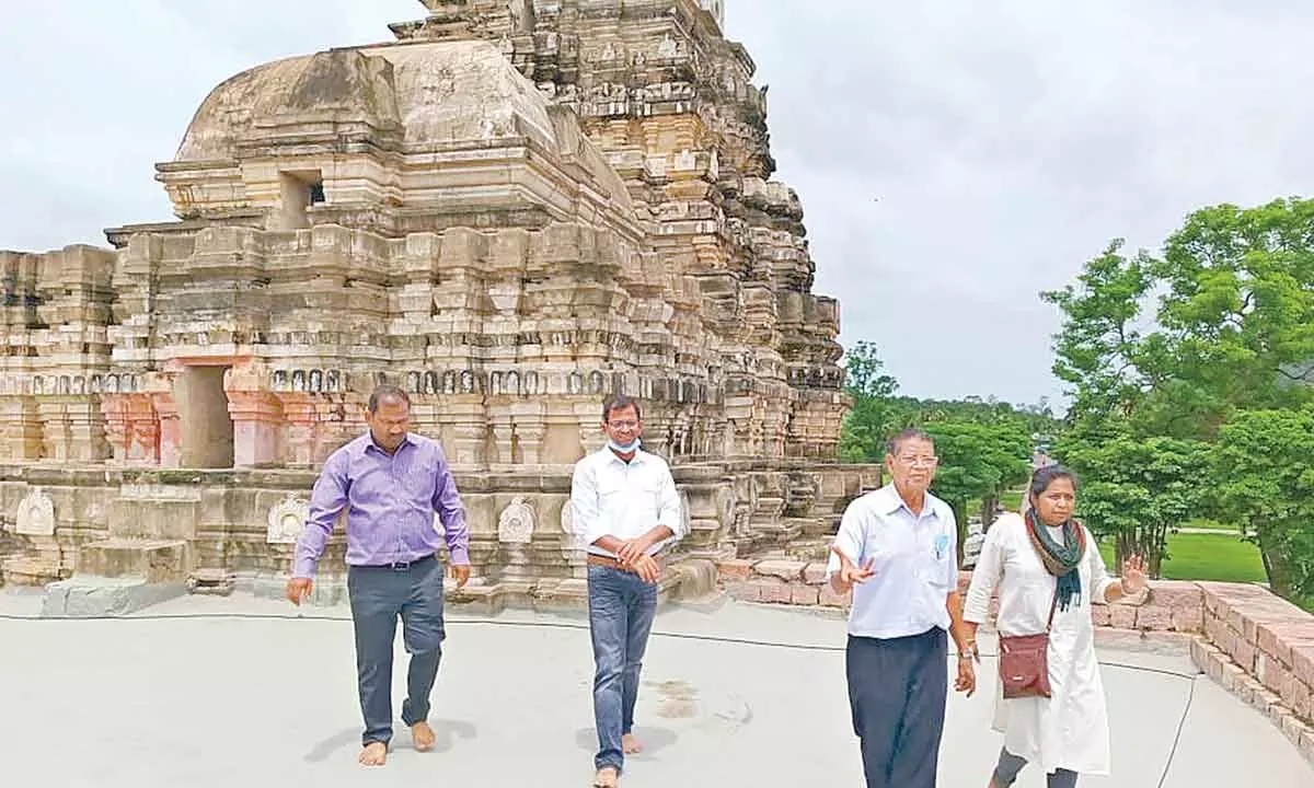 ASI officials inspecting the Ramappa temple at Palampet in Mulugu district on Friday