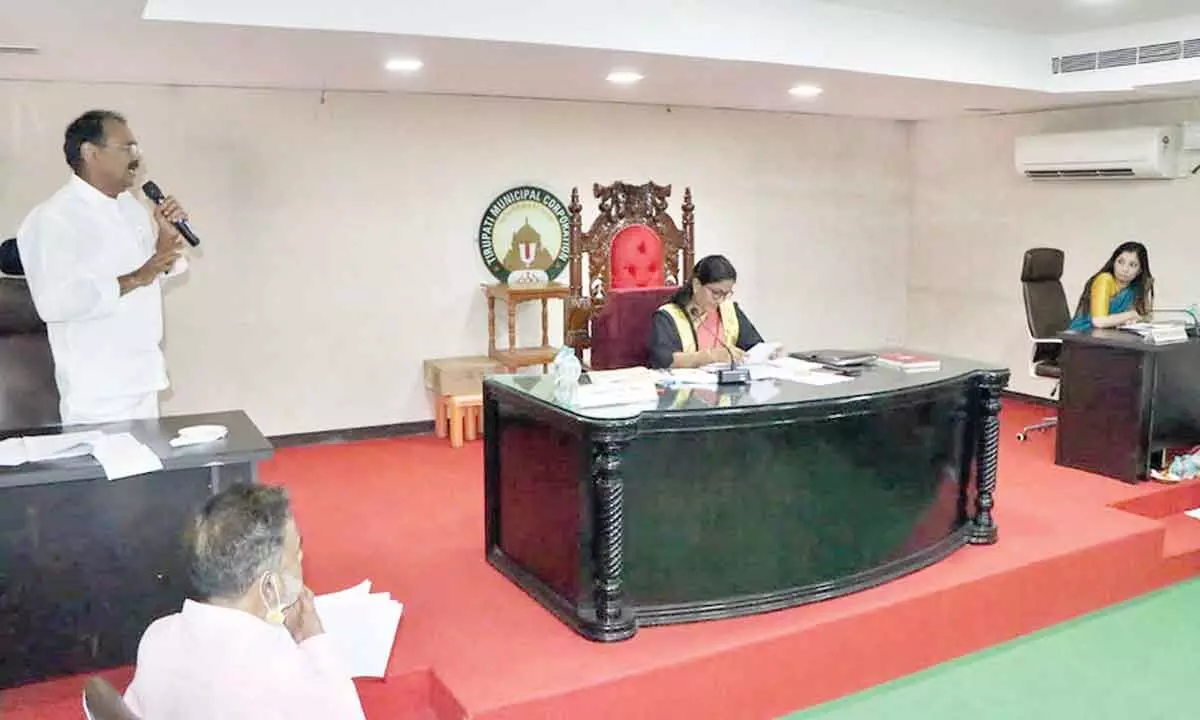 MLA Bhumana Karunakar Reddy speaking at the municipal council meeting held  in Tirupati on Friday