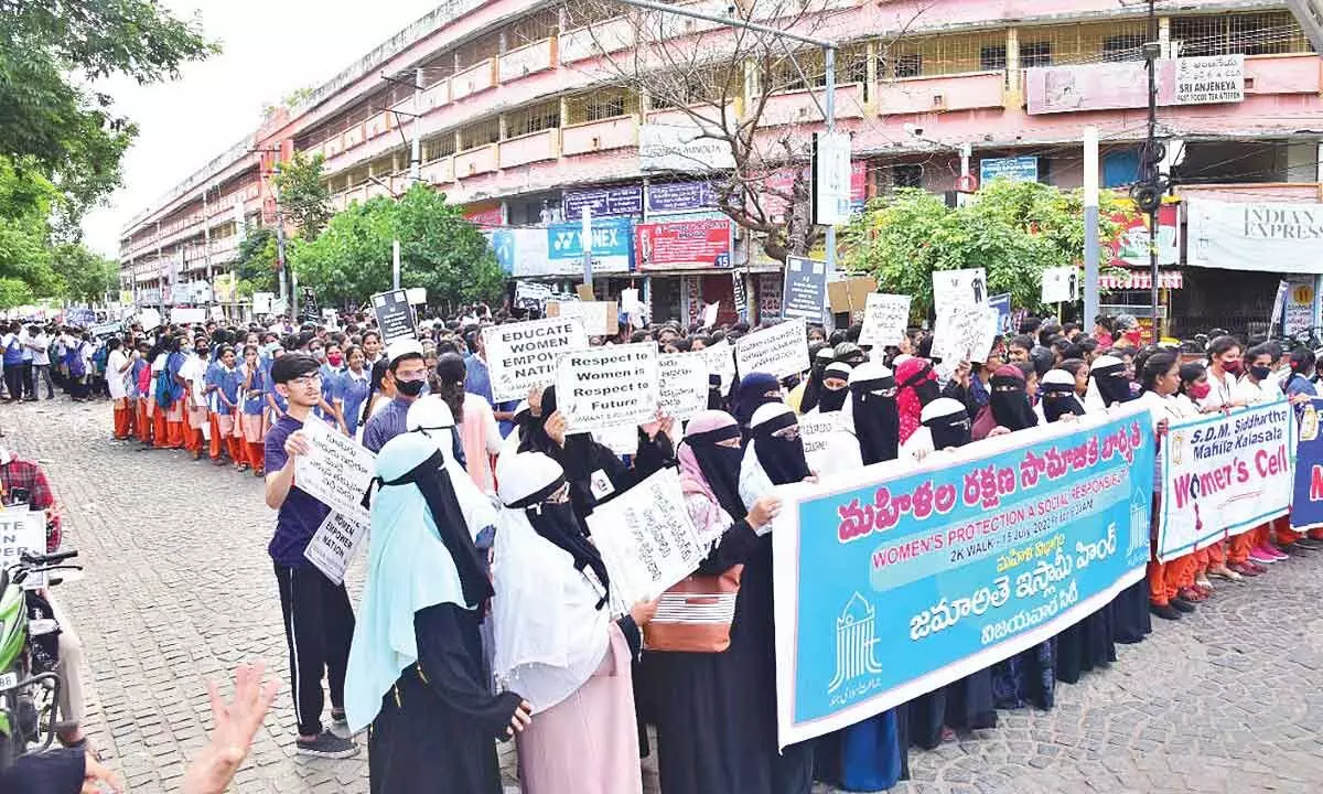 Women participating in 2K Walk in Vijayawada on Friday