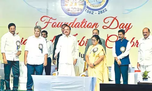 Vice-President M Venkaiah Naidu at the diamond jubilee celebrations of Maris Stella College in Vijayawada on Friday. MP Kesineni Srinivas (Nani), East MLA Gadde Rama Mohan Rao, NTR District Collector S Dilli Rao and College Principal  Dr Sr Jasintha Quadras are also seen